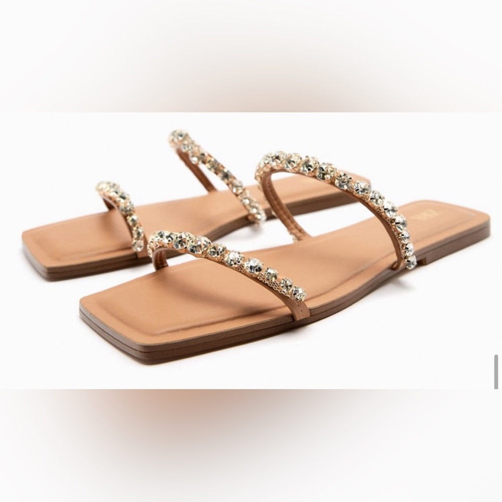 NWOT Zara Flat Sandals with Jeweled Straps W6.5